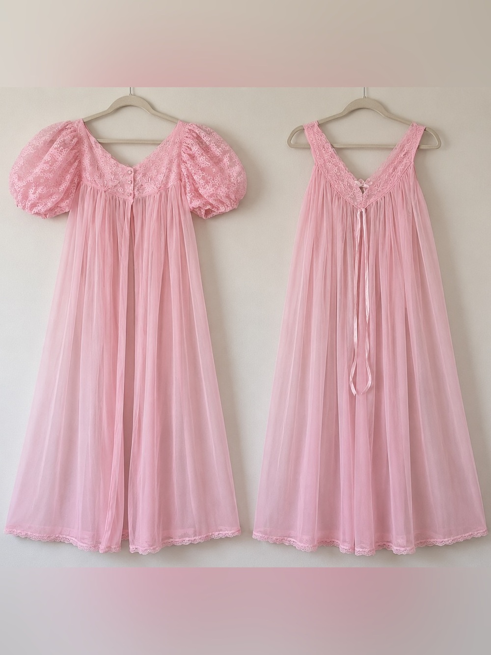 Vintage 1960s Pink Sheer Peignoir Robe & Nightgown Set Union Made Approx L